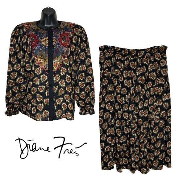 Vtg Diane Freis Top/Skirt Wool Cottagecore Romantic Floral Bohemian 2 Piece Set - Picture 1 of 16
